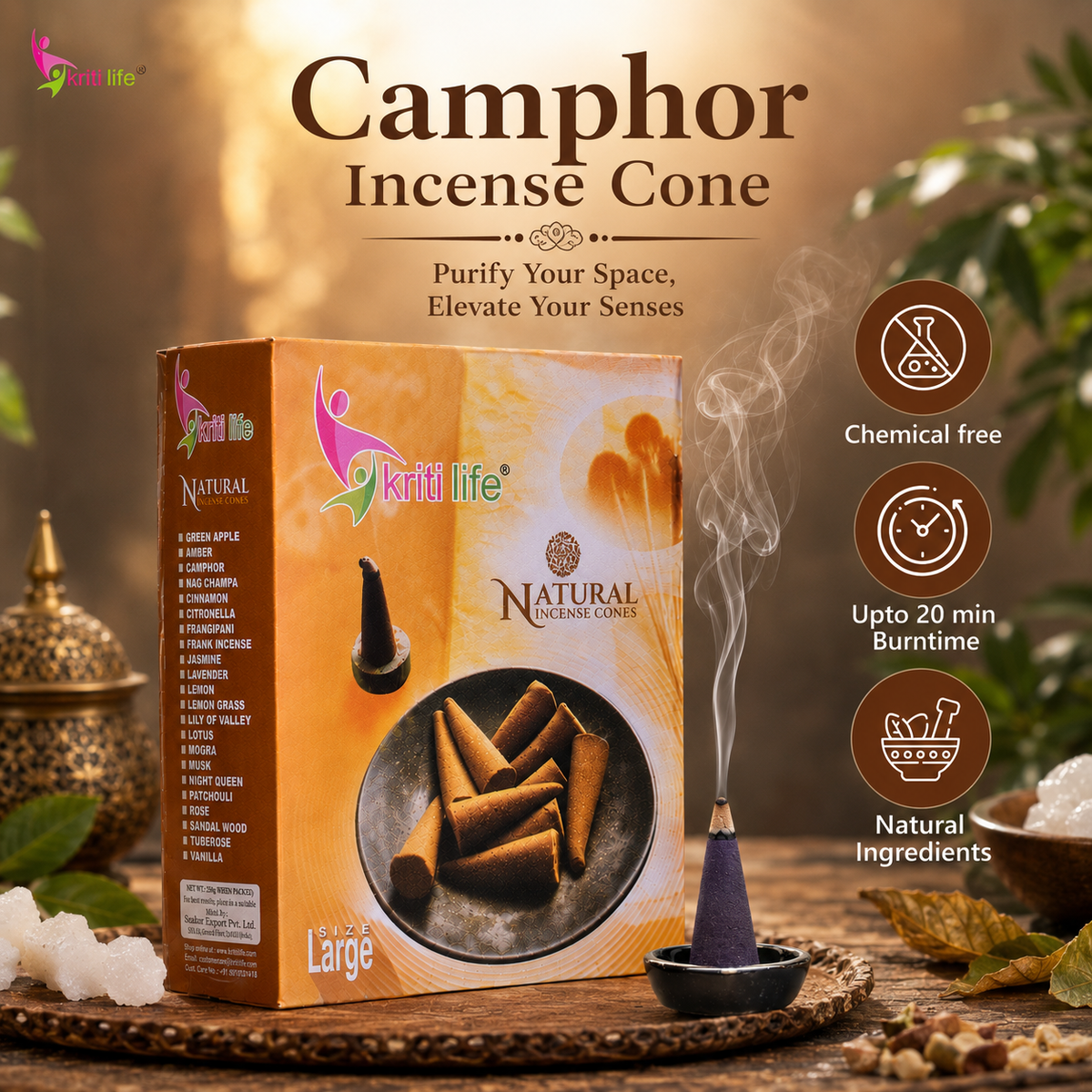 Camphor Incense Cone - 60 Pcs Burn Time 40 Minutes