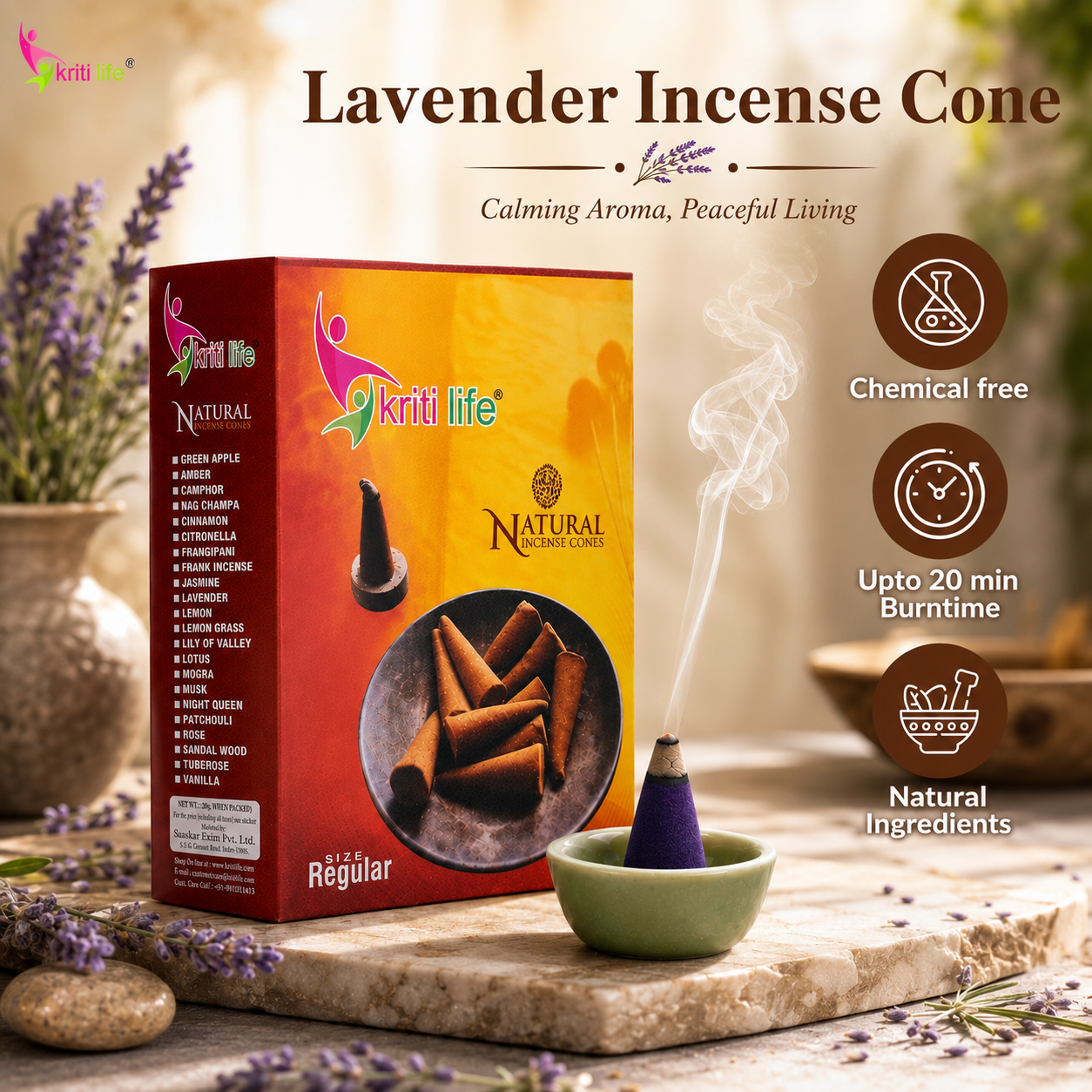 Lavender Incense Cone - 150 Pcs Burn Time 20 Minutes