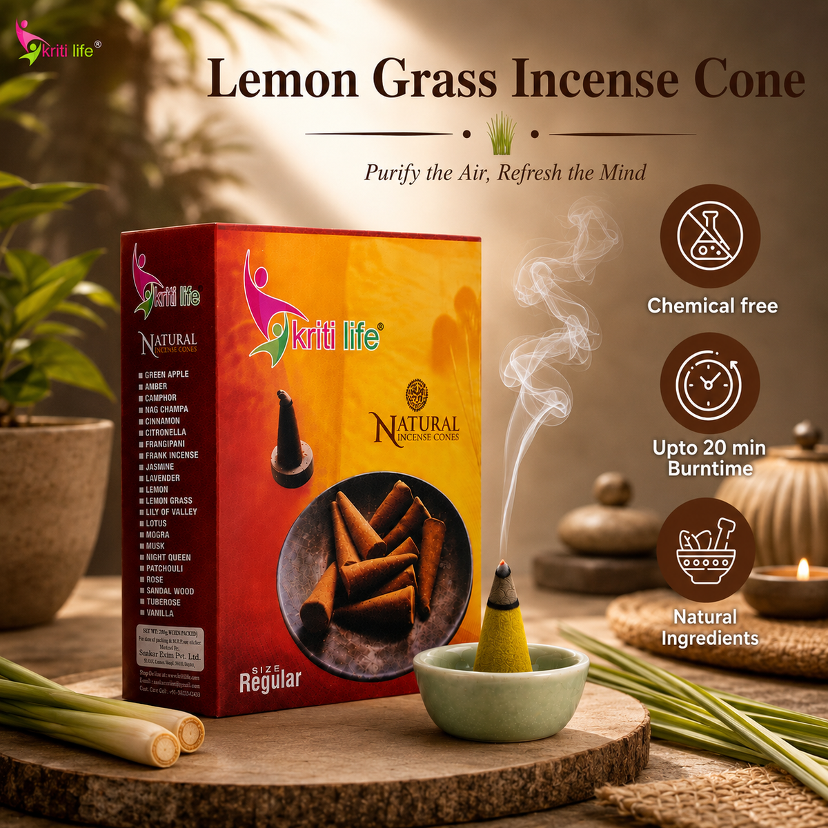Lemon Grass Incense Cone - 150 Pcs Burn Time 20 Minutes