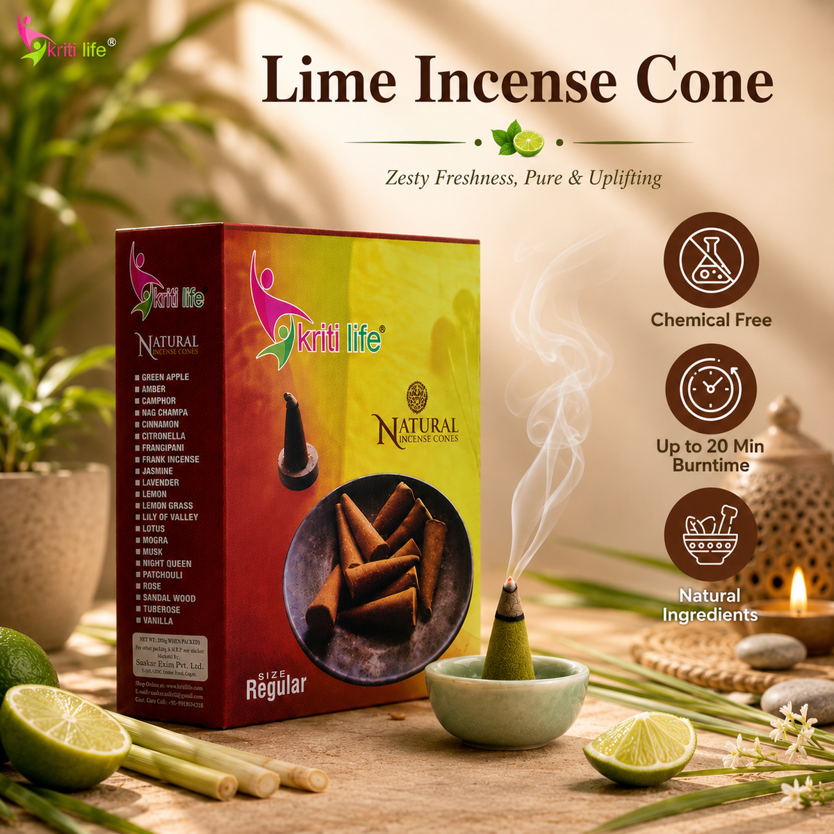 Lime Incense Cone - 150 Pcs Burn Time 20 Minutes