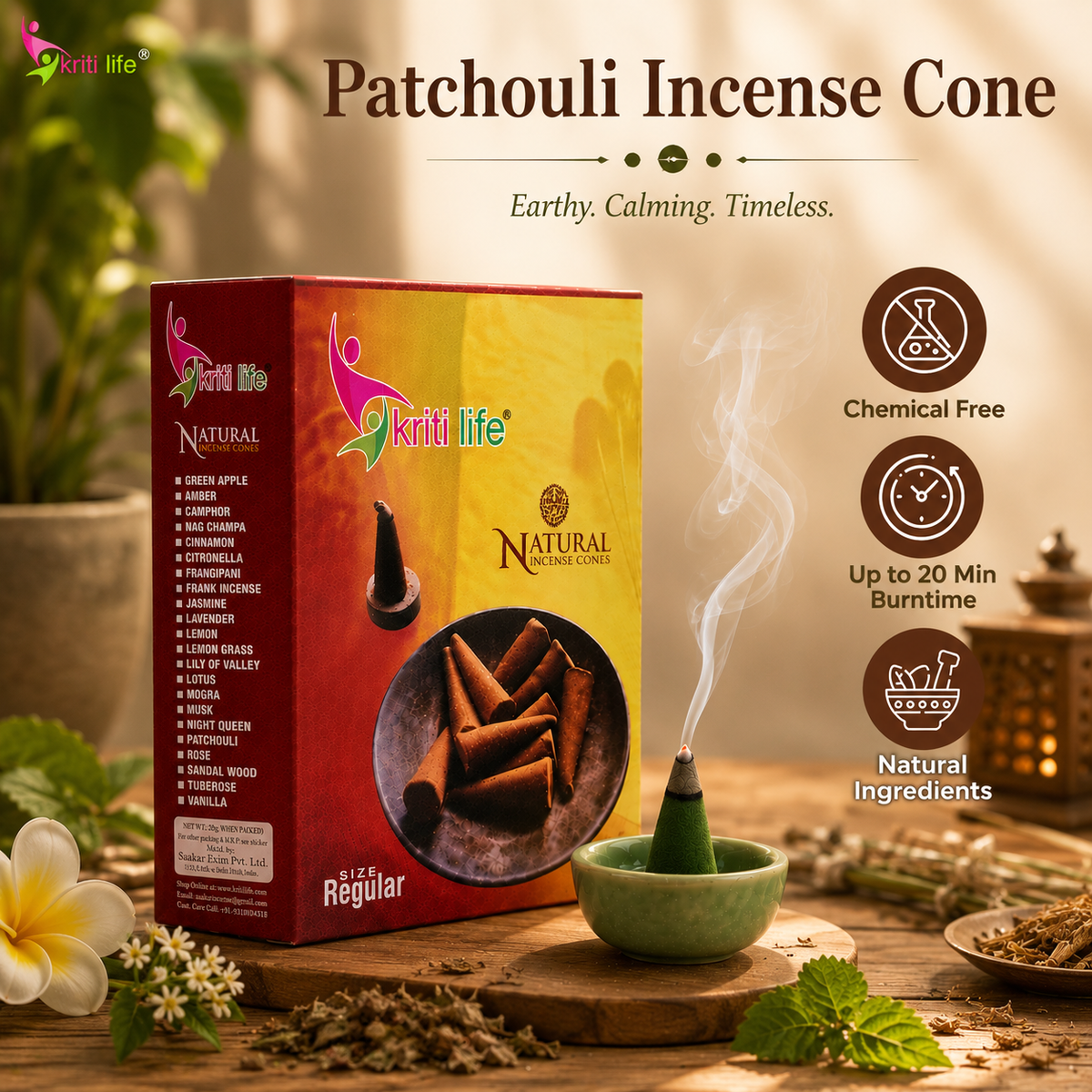 Patchouli Incense Cone - 150 Pcs Burn Time 20 Minutes
