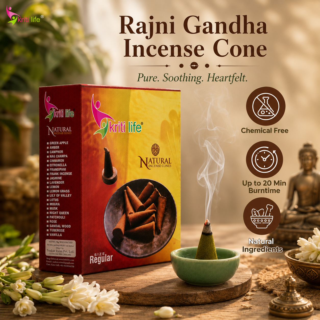 Rajni Gandha Incense Cone - 150 Pcs Burn Time 20 Minutes