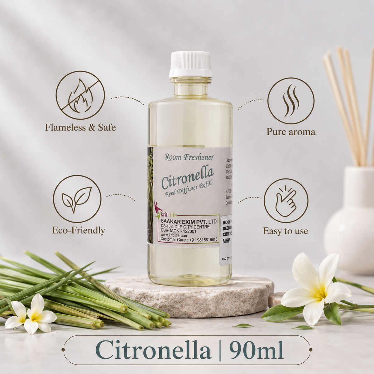 Citronella 90ML Reed Diffuser oil Refill -  Long-Lasting Room Fragrance