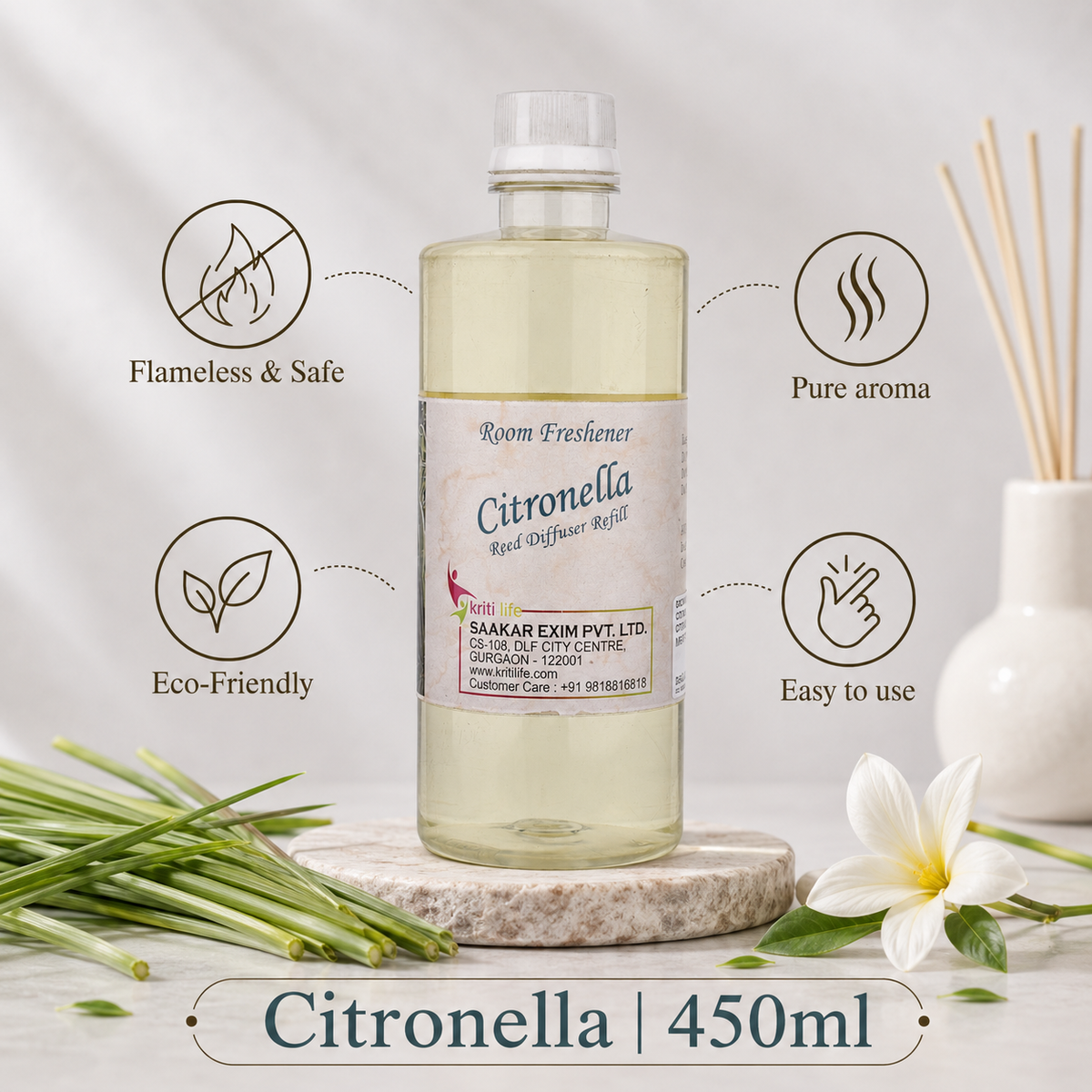 Citronella 450ML Reed Diffuser oil Refill -  Long-Lasting Room Fragrance