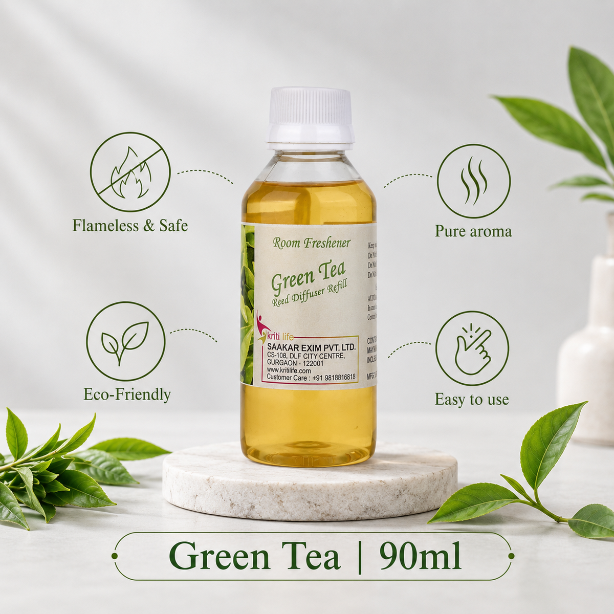 Green Tea 90ML Reed Diffuser oil Refill - Long-Lasting Room Fragrance