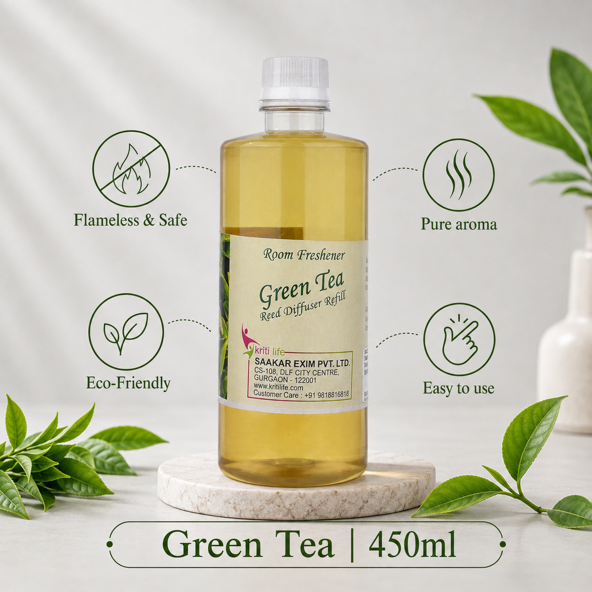 Green Tea 450ML Reed Diffuser oil Refill -  Long-Lasting Room Fragrance