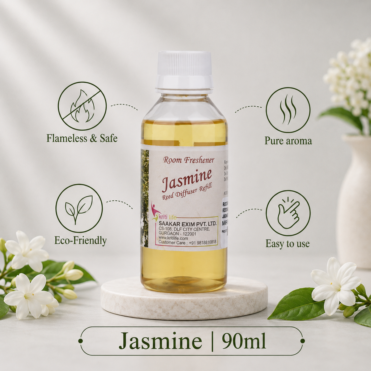 Jasmine 90ML Reed Diffuser oil Refill -  Long-Lasting Room Fragrance