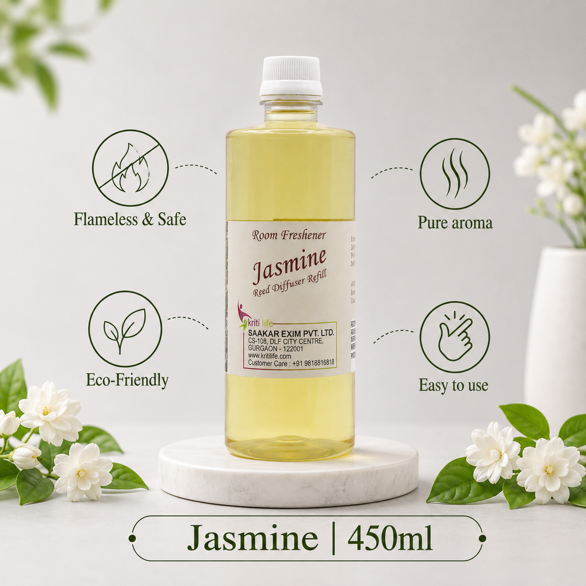 Jasmine 450ML Reed Diffuser oil Refill -  Long-Lasting Room Fragrance