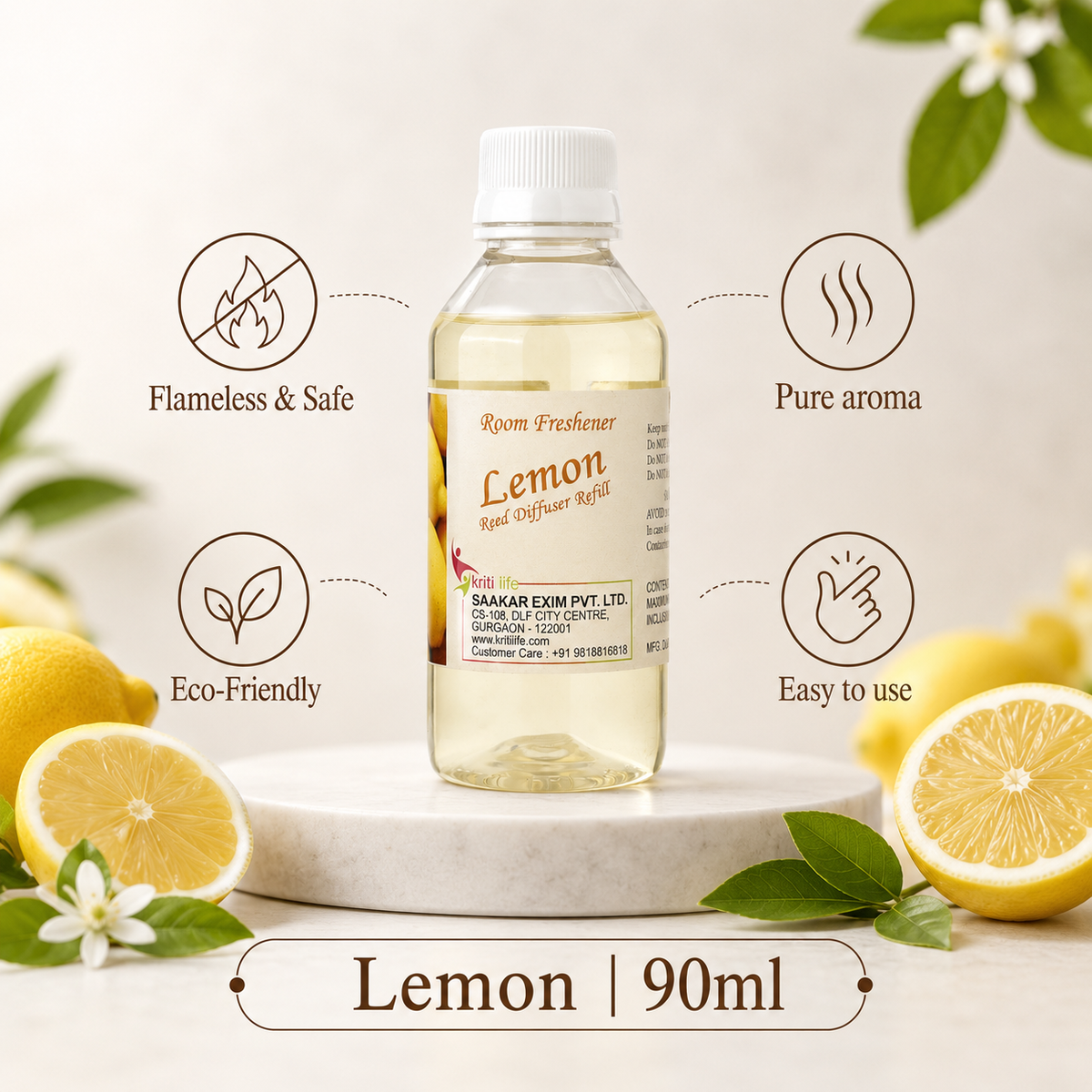 Lemon 90ML Reed Diffuser oil Refill - Long-Lasting Room Fragrance