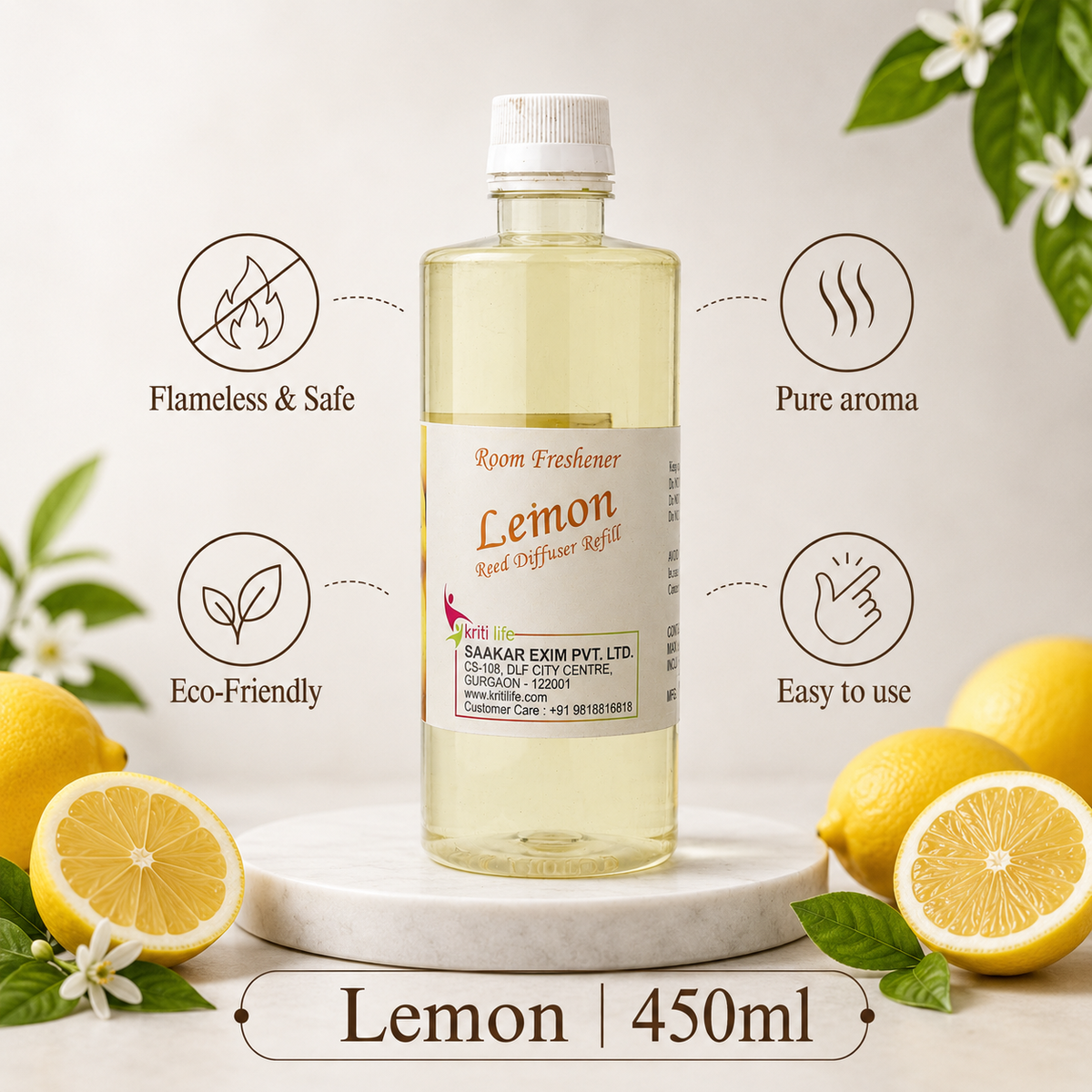 Lemon 450ML Reed Diffuser oil Refill -  Long-Lasting Room Fragrance