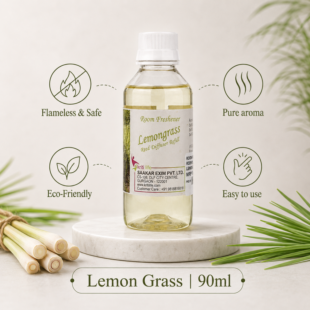 Lemon Grass 90ML Reed Diffuser oil Refill -  Long-Lasting Room Fragrance
