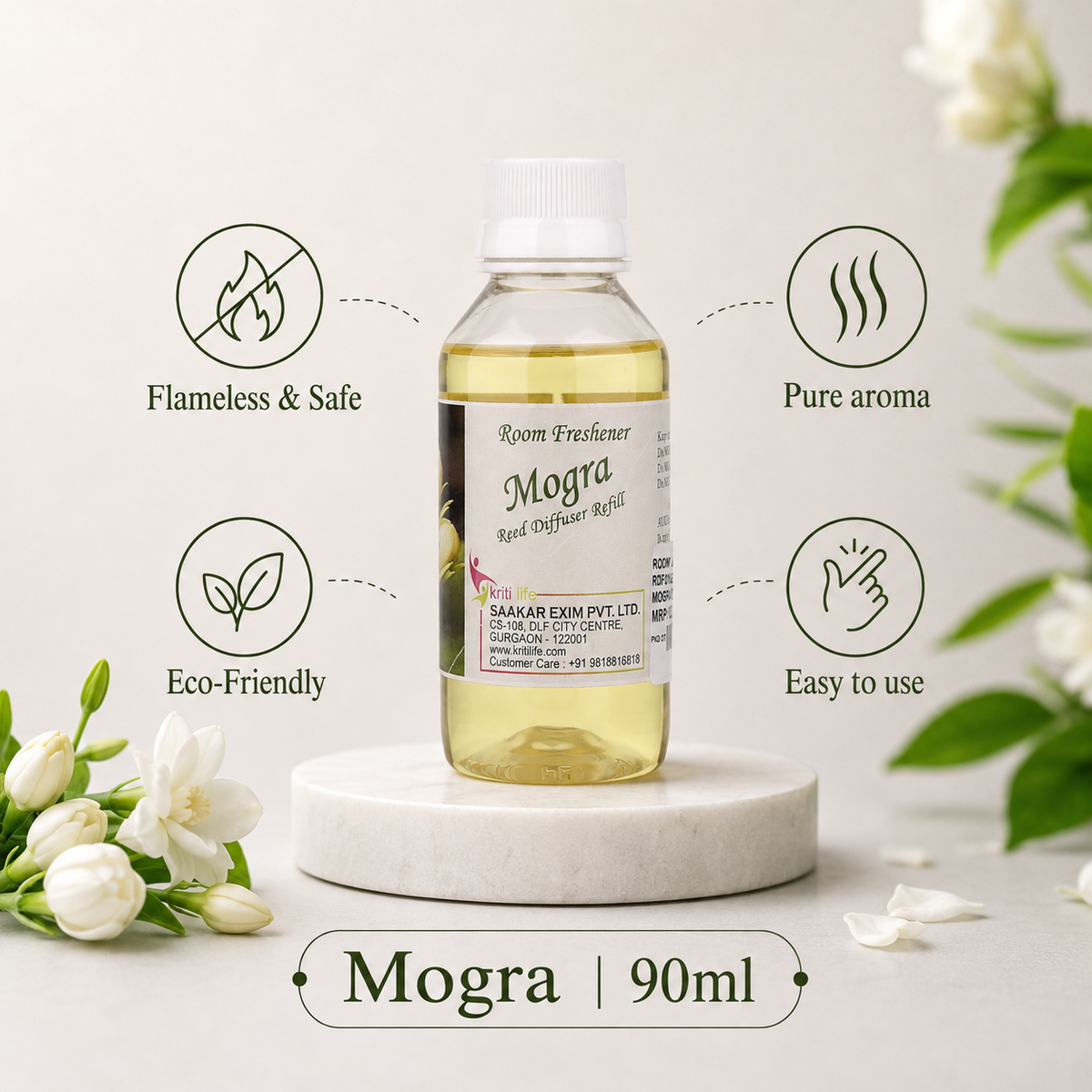 Mogra 90ML Reed Diffuser oil Refill -  Long-Lasting Room Fragrance