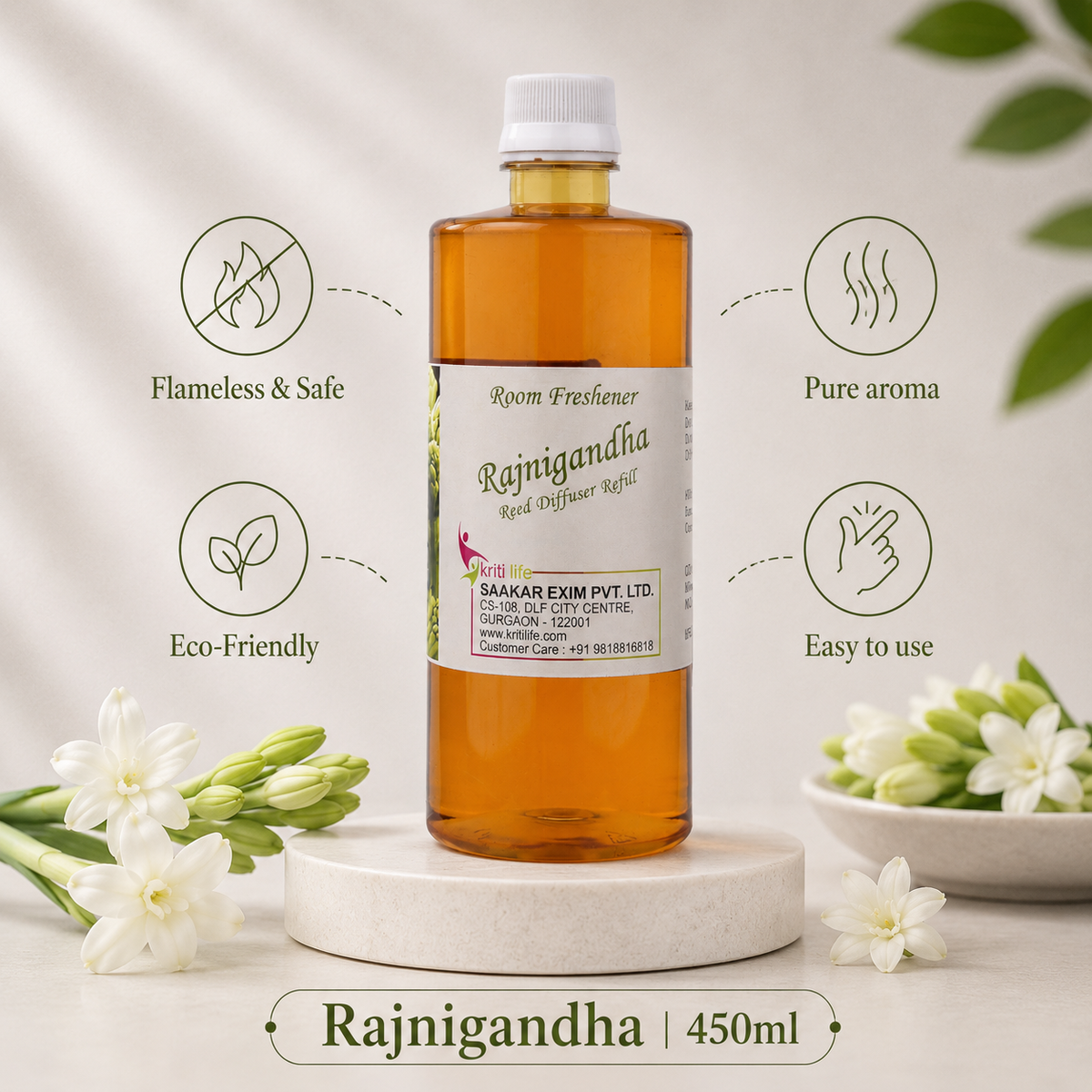 Rajni Gandha 450ML Reed Diffuser oil Refill -  Long-Lasting Room Fragrance