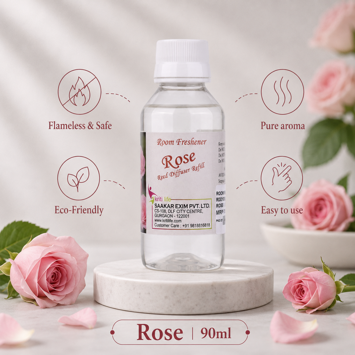 Rose 90ML Reed Diffuser oil Refill -  Long-Lasting Room Fragrance