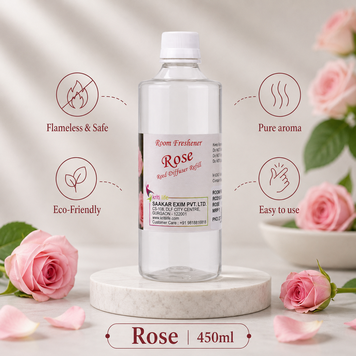 Rose 450ML Reed Diffuser oil Refill - Long-Lasting Room Fragrance