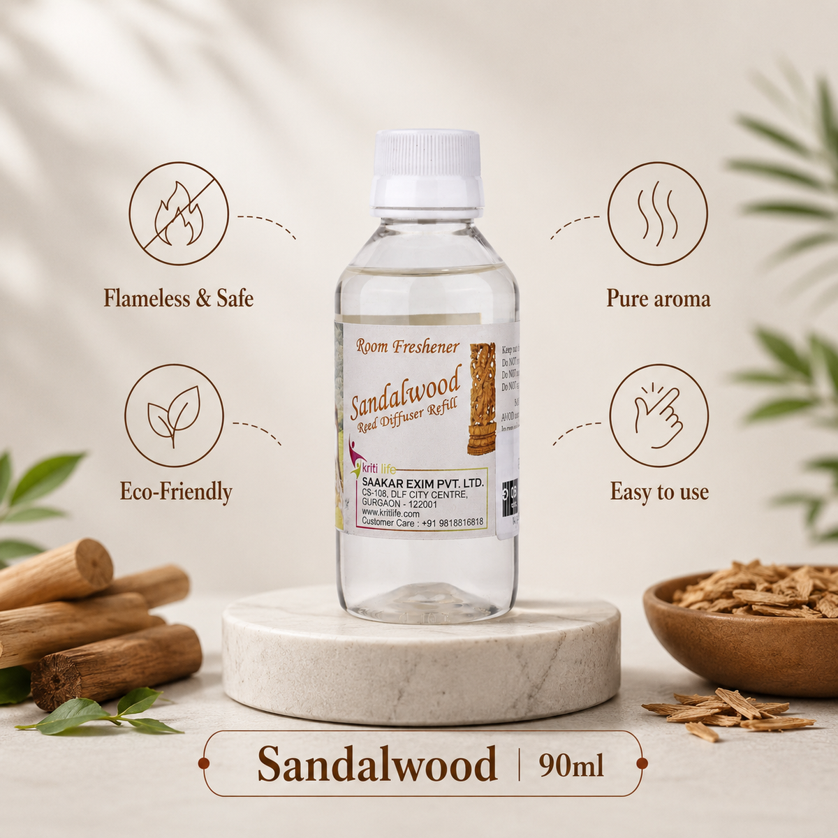 Sandalwood 90ML Reed Diffuser oil Refill -  Long-Lasting Room Fragrance