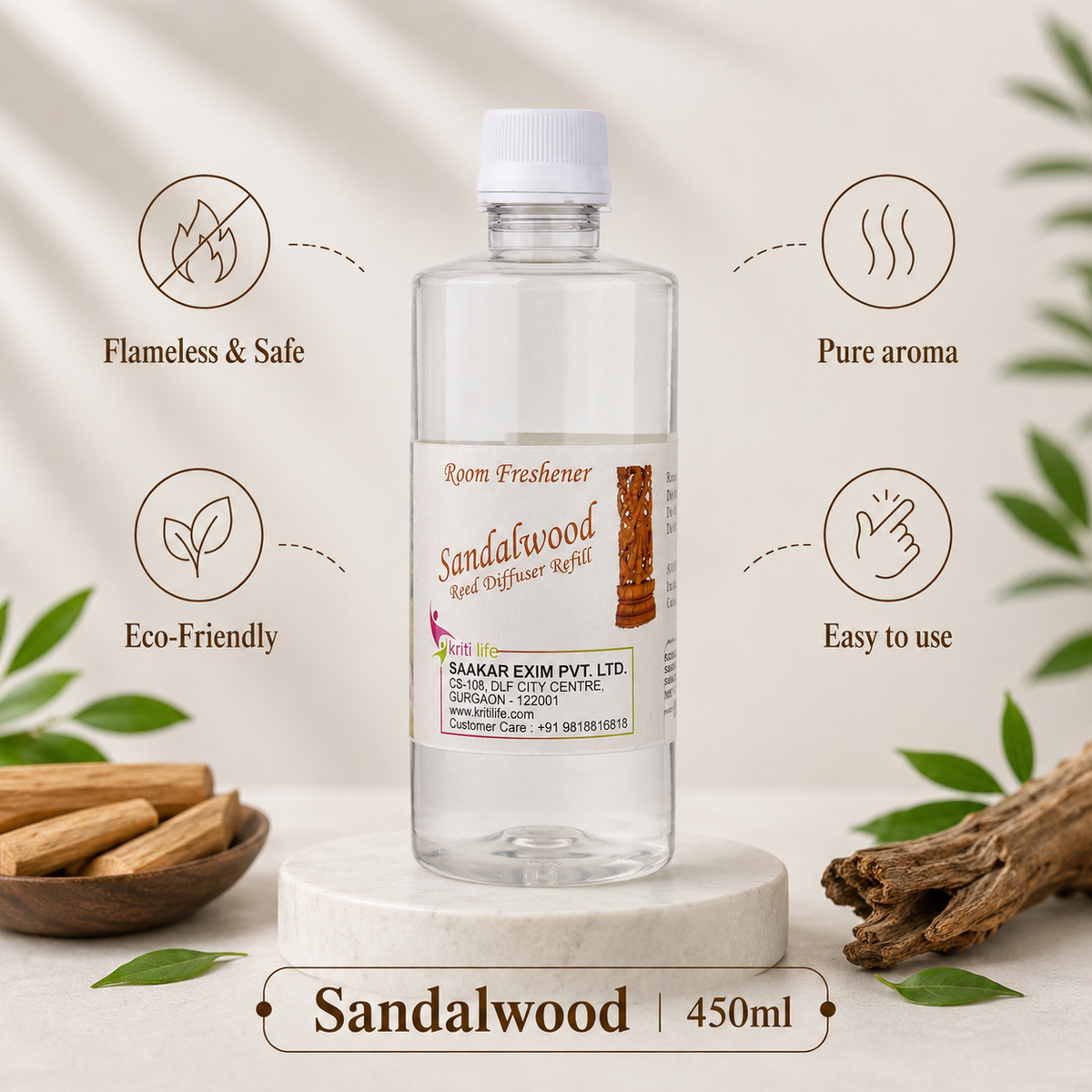 Sandalwood 450ML  Reed Diffuser oil Refill - Long-Lasting Room Fragrance