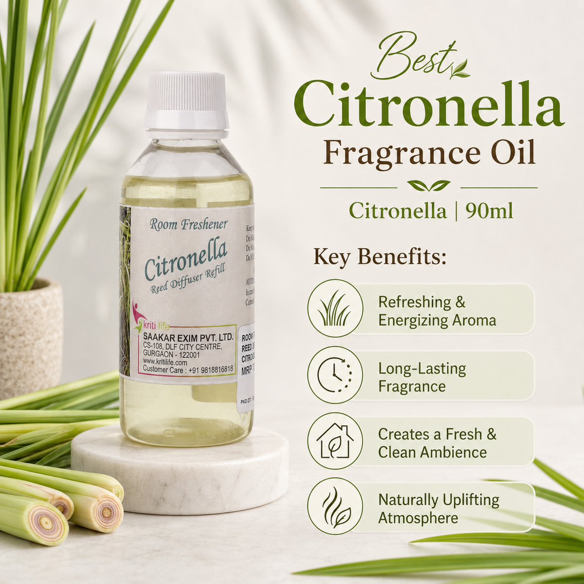 Citronella 90ML Reed Diffuser oil Refill -  Long-Lasting Room Fragrance