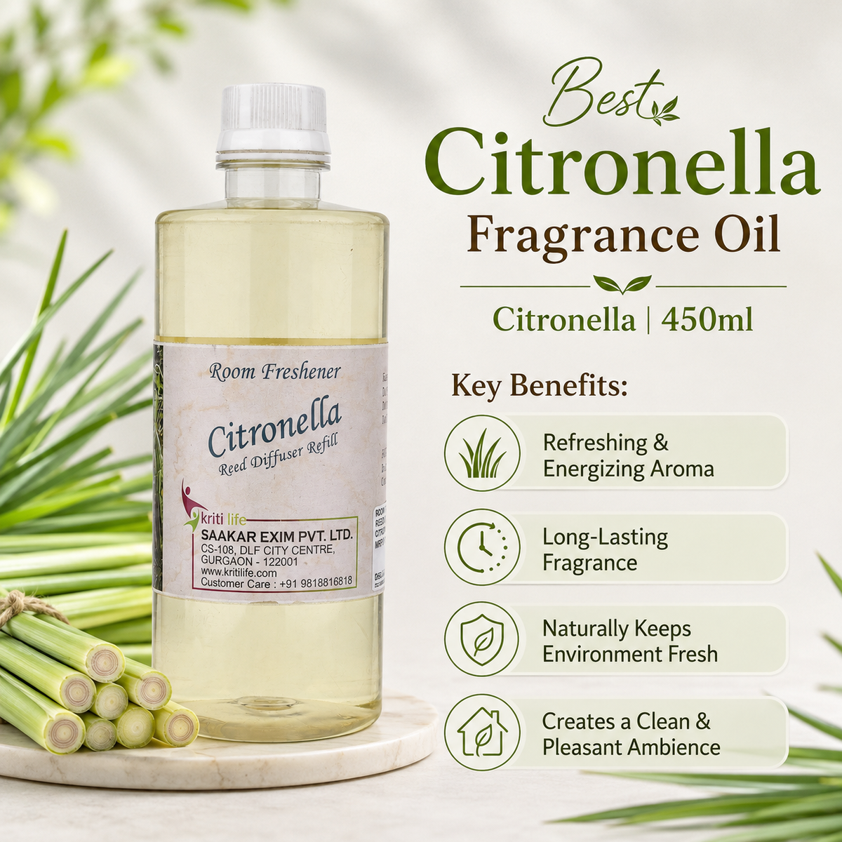 Citronella 450ML Reed Diffuser oil Refill -  Long-Lasting Room Fragrance