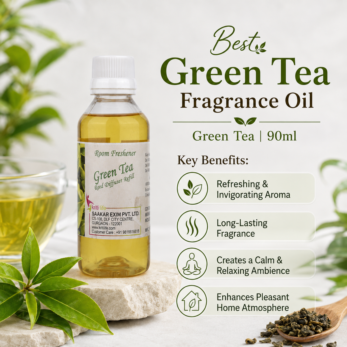 Green Tea 90ML Reed Diffuser oil Refill - Long-Lasting Room Fragrance
