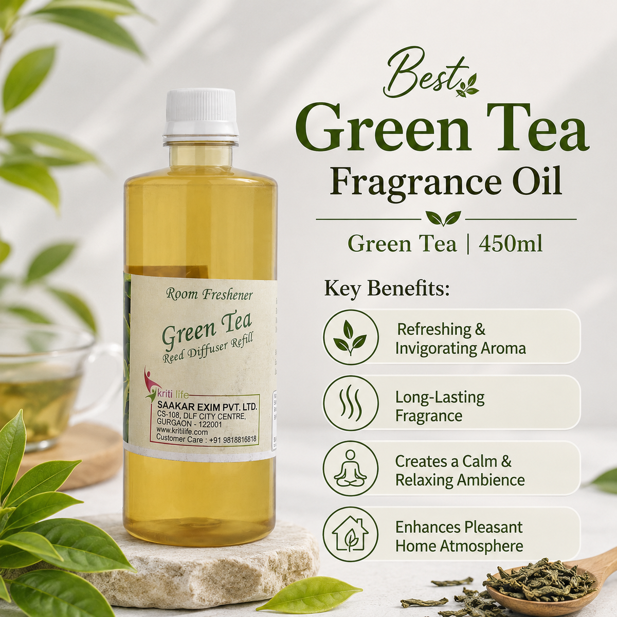 Green Tea 450ML Reed Diffuser oil Refill -  Long-Lasting Room Fragrance