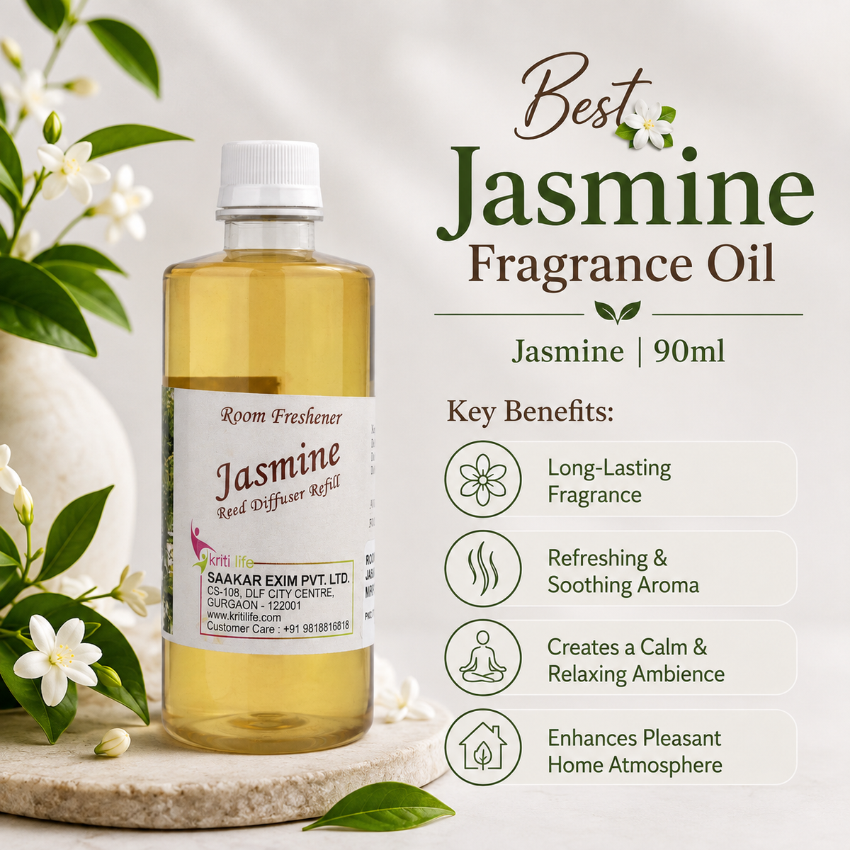 Jasmine 90ML Reed Diffuser oil Refill -  Long-Lasting Room Fragrance