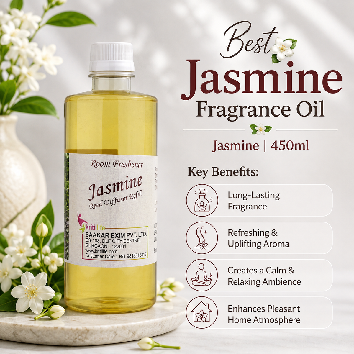 Jasmine 450ML Reed Diffuser oil Refill -  Long-Lasting Room Fragrance