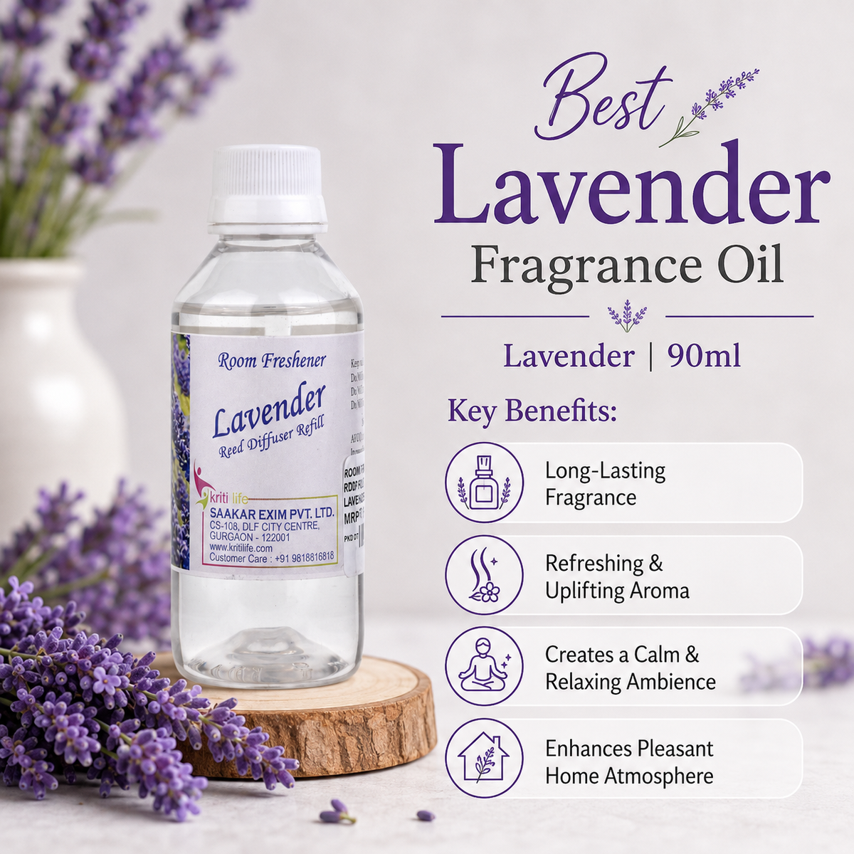 Lavender 90ML Reed Diffuser oil Refill -  Long-Lasting Room Fragrance