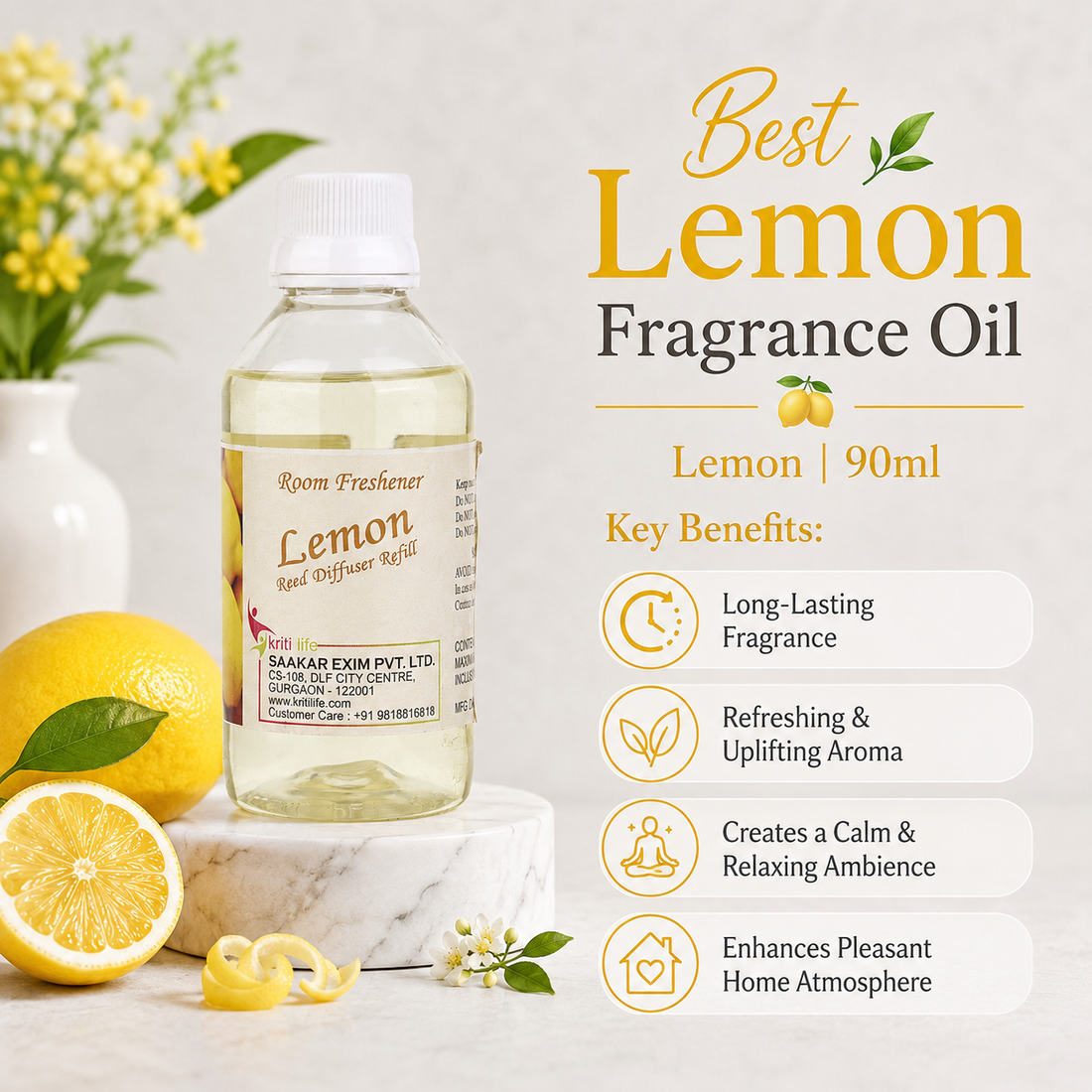 Lemon 90ML Reed Diffuser oil Refill - Long-Lasting Room Fragrance