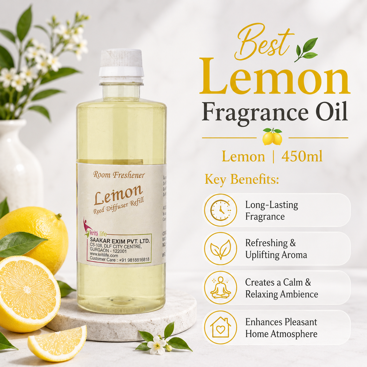 Lemon 450ML Reed Diffuser oil Refill -  Long-Lasting Room Fragrance
