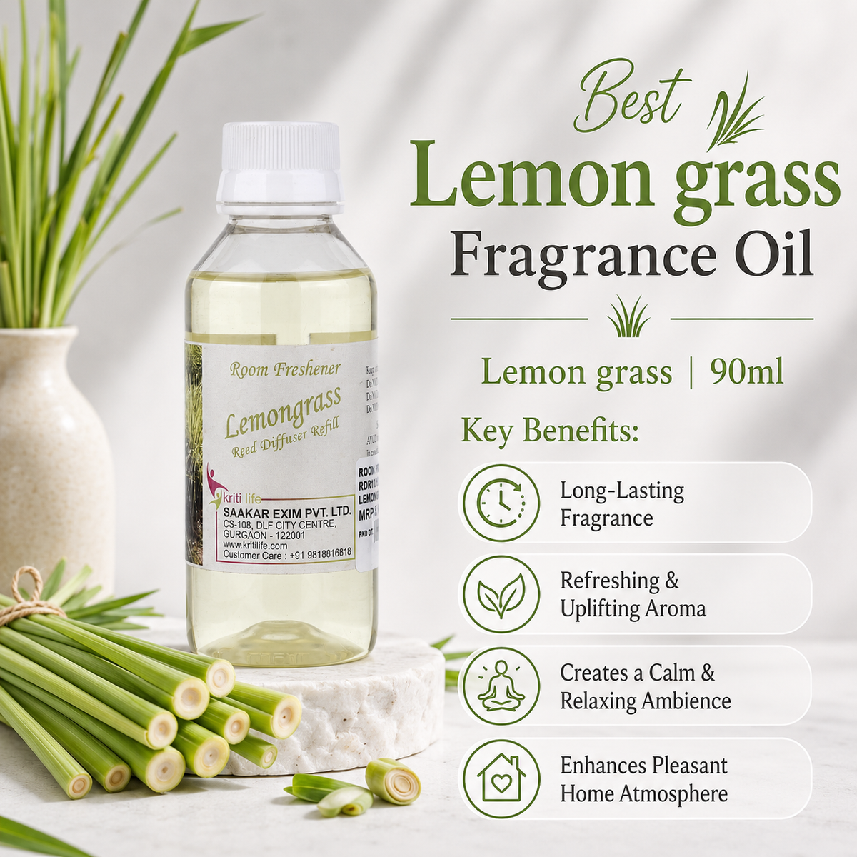 Lemon Grass 90ML Reed Diffuser oil Refill -  Long-Lasting Room Fragrance