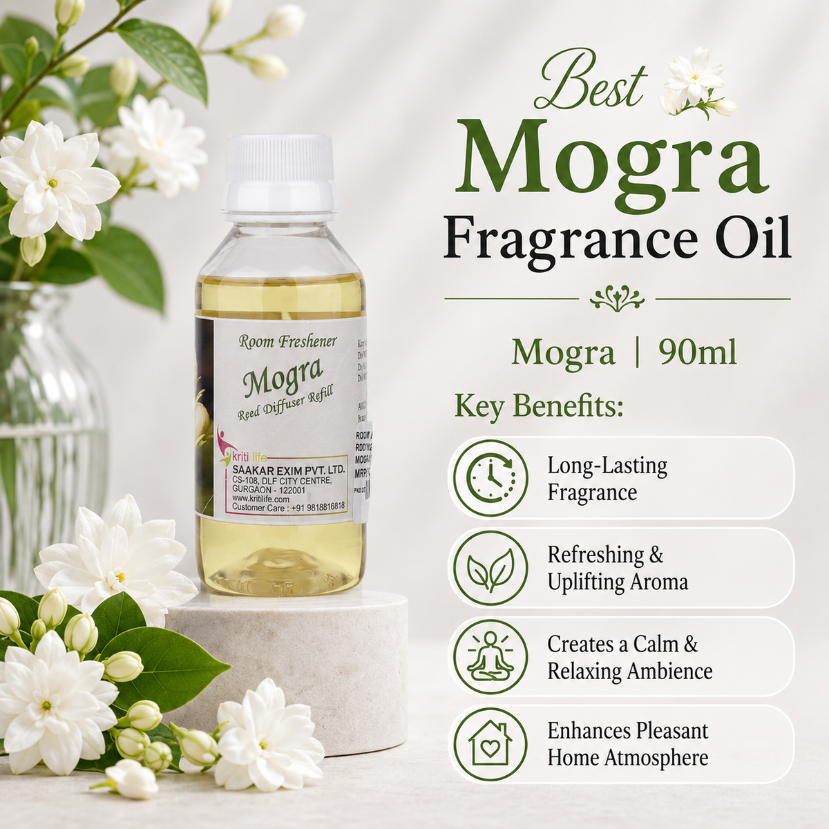 Mogra 90ML Reed Diffuser oil Refill -  Long-Lasting Room Fragrance