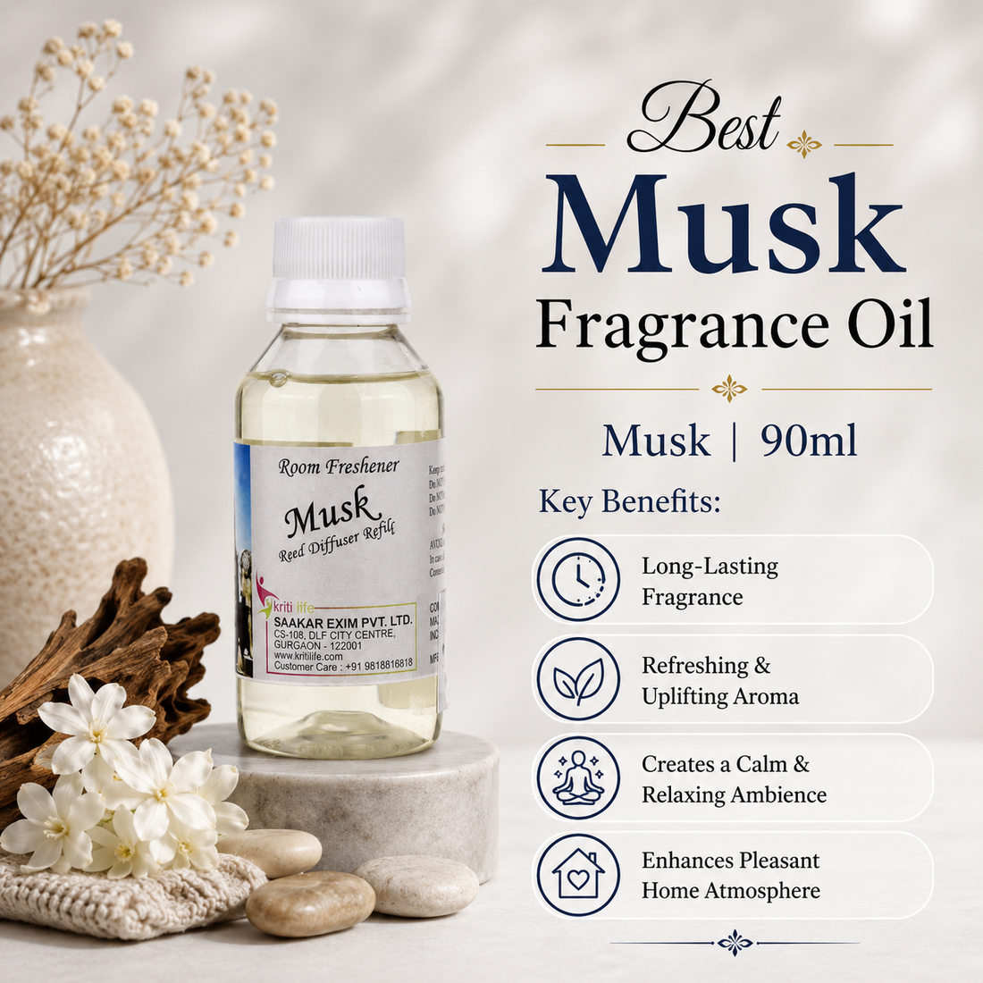 Musk 90ML Reed Diffuser oil - Refill Long-Lasting Room Fragrance