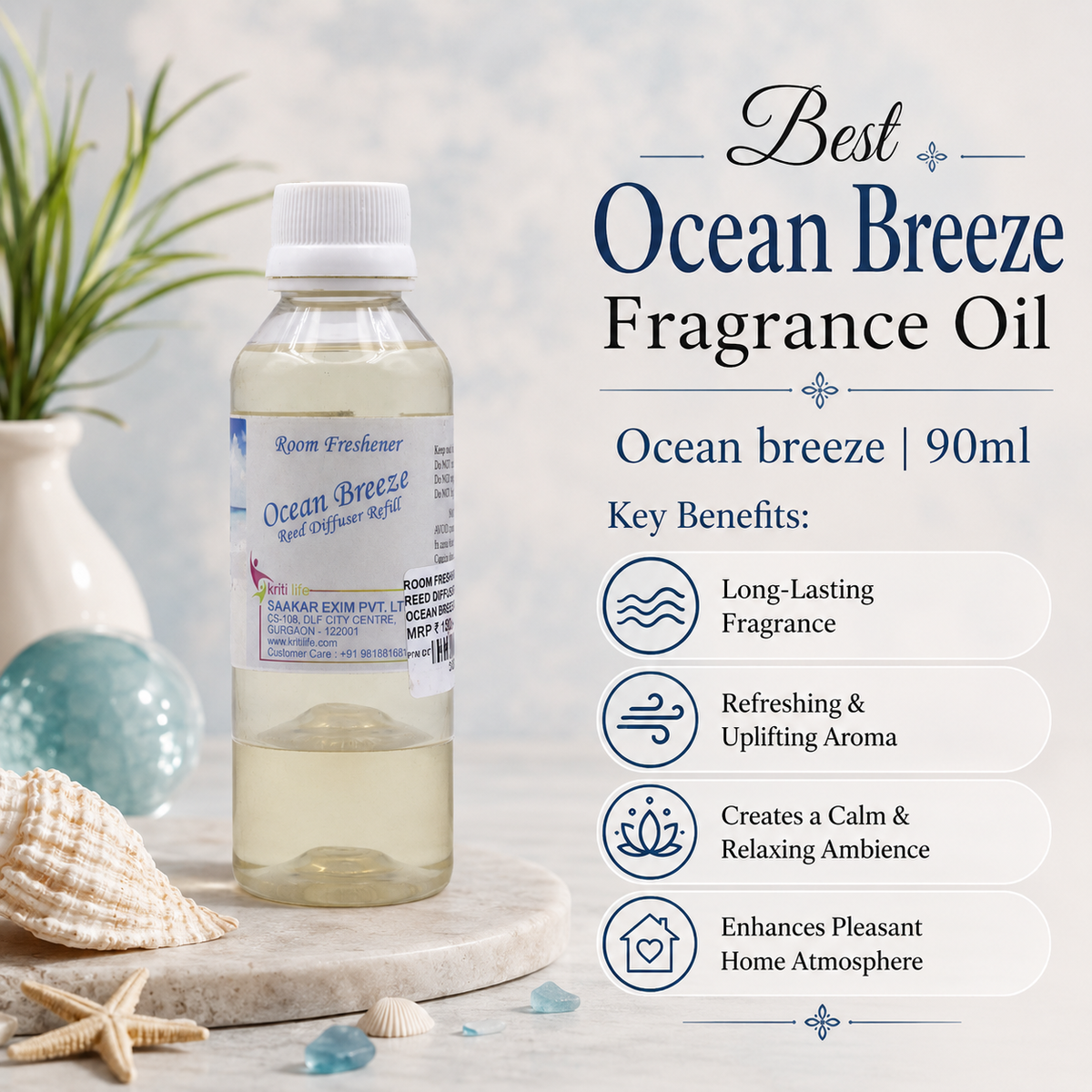 Ocean Breeze 90ML Reed Diffuser oil Refill - Long-Lasting Room Fragrance