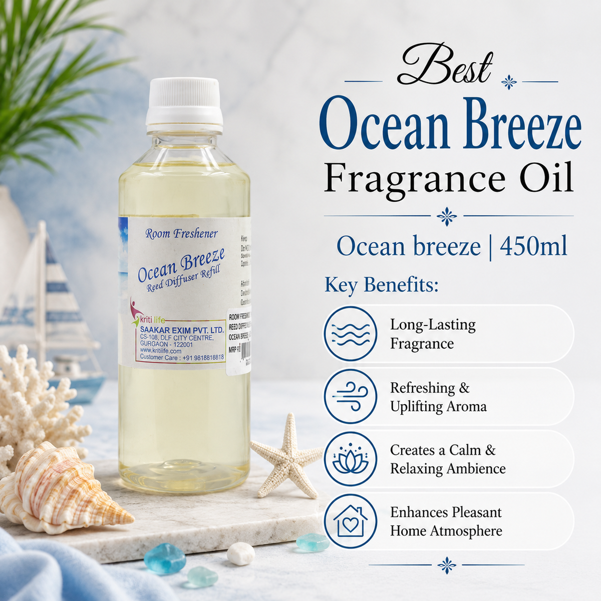 Ocean Breeze 450ML Reed Diffuser oil Refill -  Long-Lasting Room Fragrance