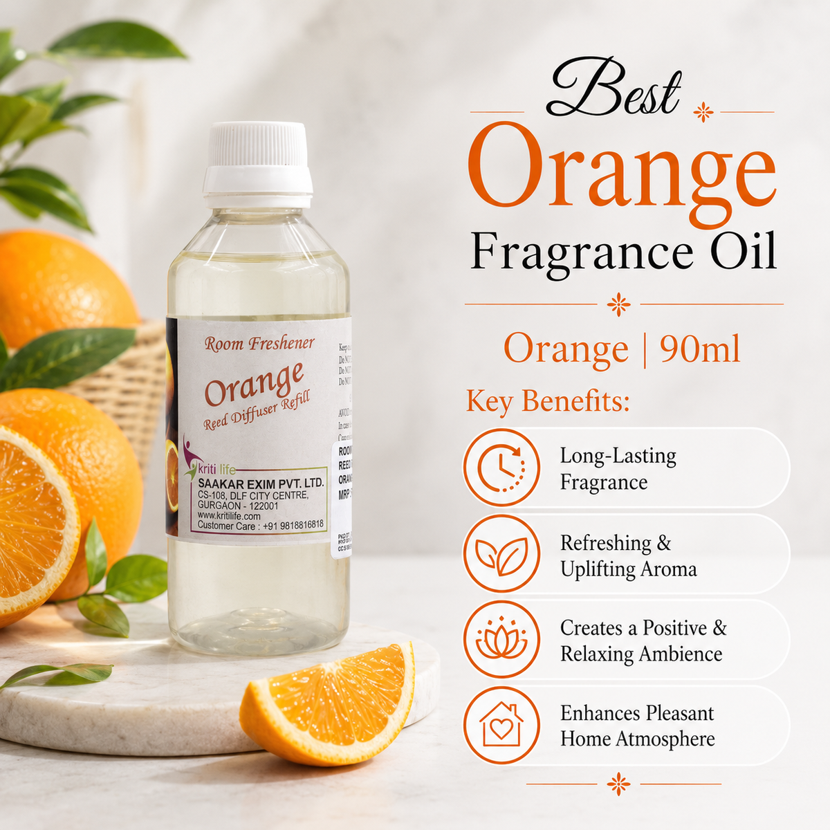 Orange 90ML Reed Diffuser oil Refill - Long-Lasting Room Fragrance
