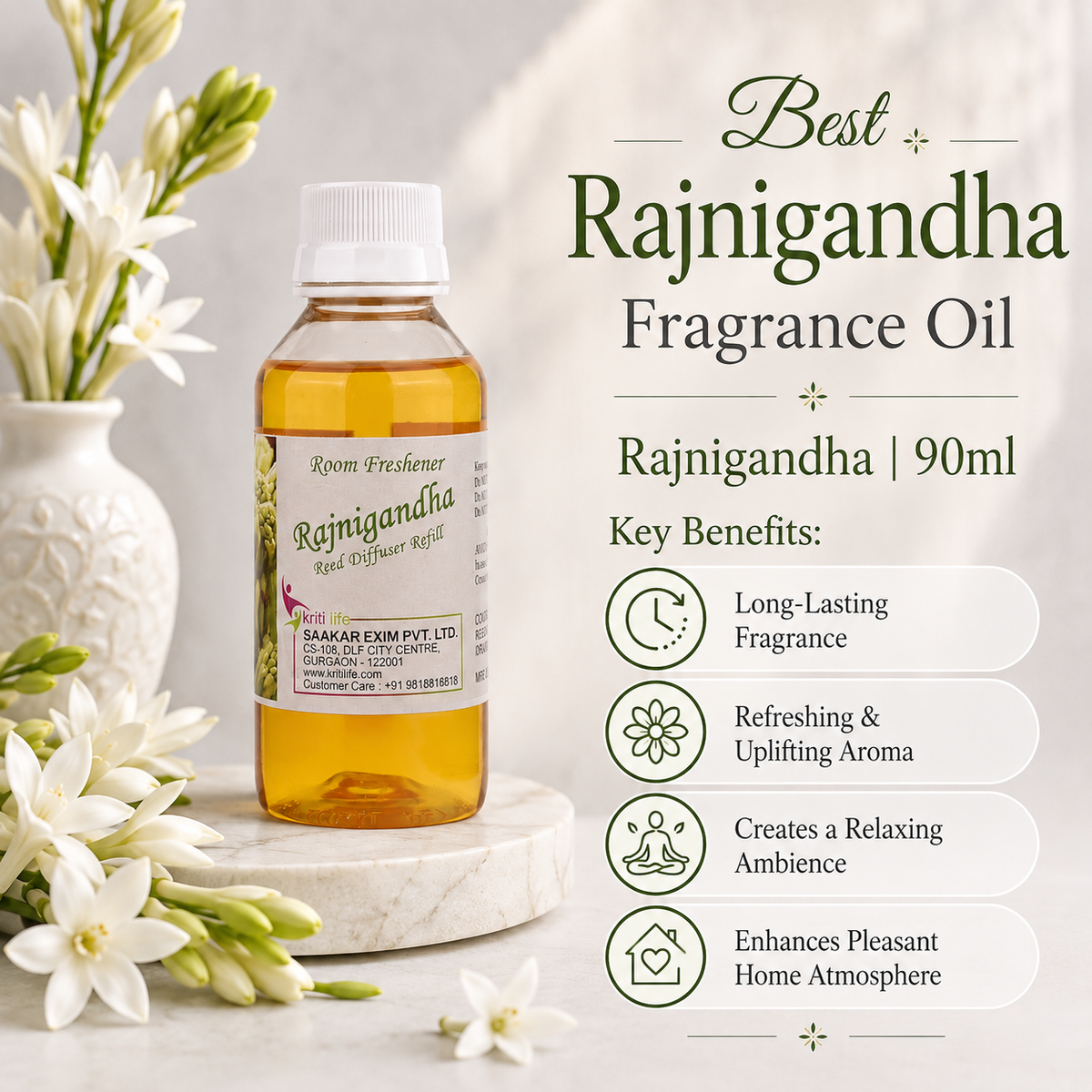 Rajni Gandha 90ML Reed Diffuser oil Refill -  Long-Lasting Room Fragrance