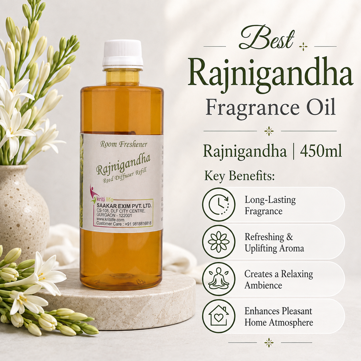 Rajni Gandha 450ML Reed Diffuser oil Refill -  Long-Lasting Room Fragrance