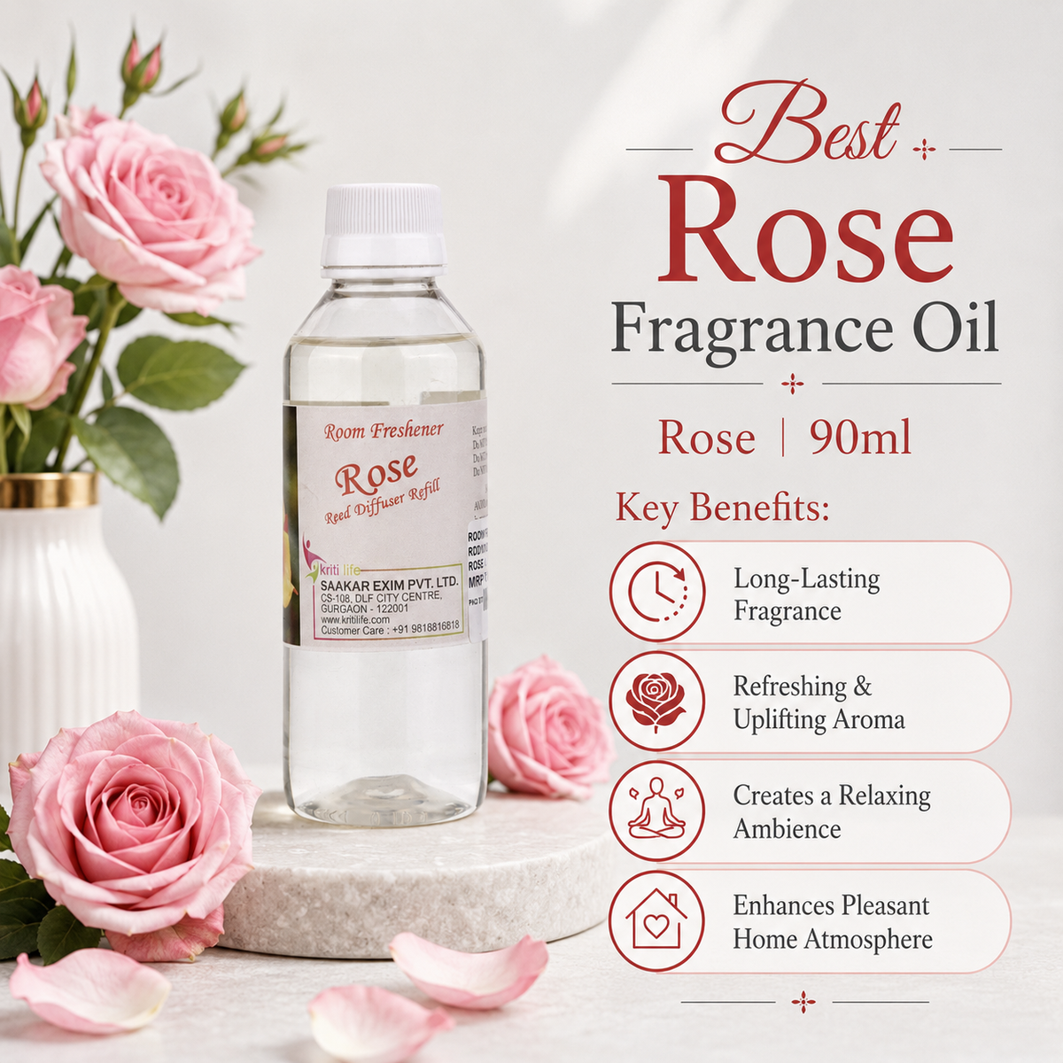 Rose 90ML Reed Diffuser oil Refill -  Long-Lasting Room Fragrance