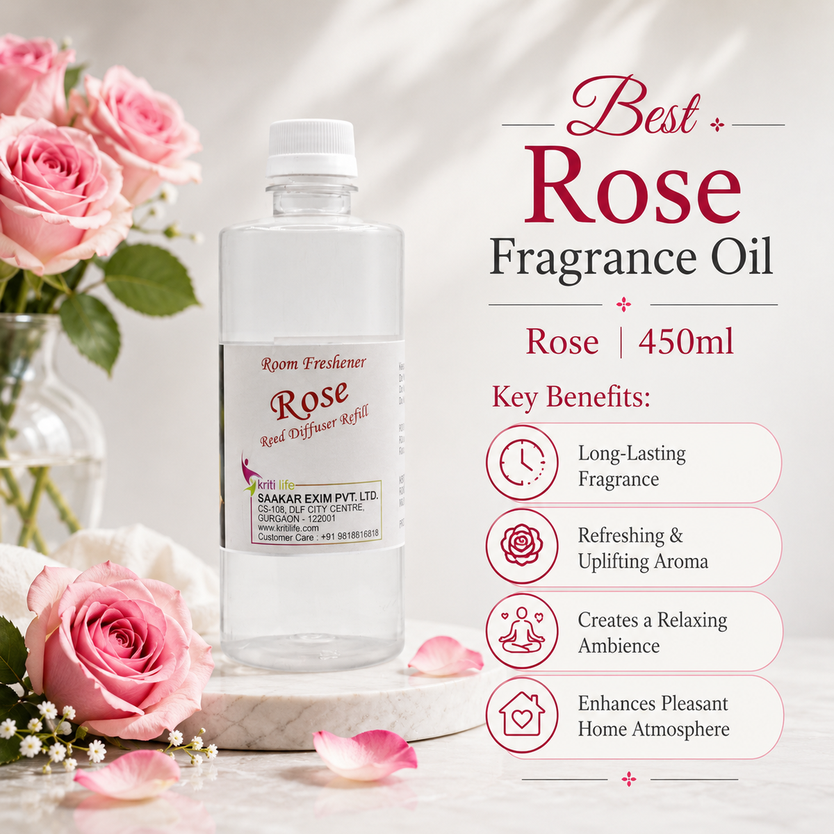 Rose 450ML Reed Diffuser oil Refill - Long-Lasting Room Fragrance