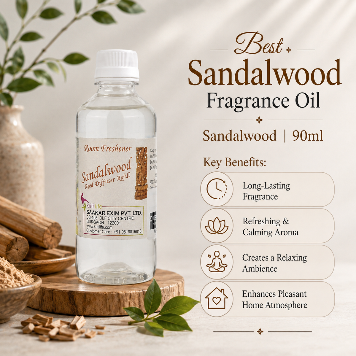 Sandalwood 90ML Reed Diffuser oil Refill -  Long-Lasting Room Fragrance