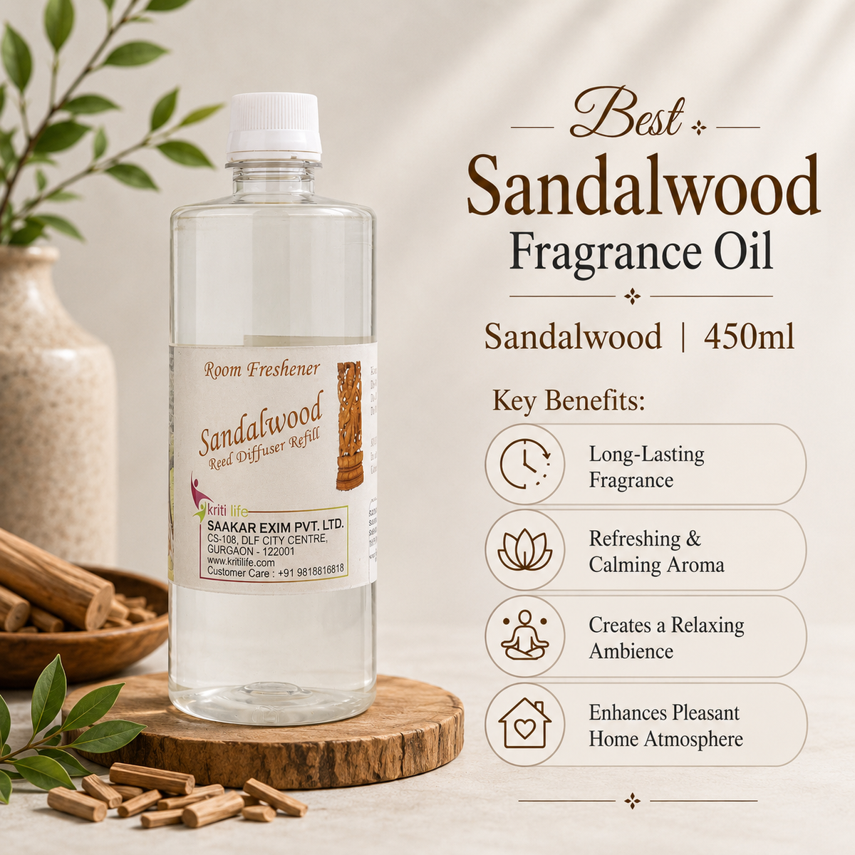 Sandalwood 450ML  Reed Diffuser oil Refill - Long-Lasting Room Fragrance