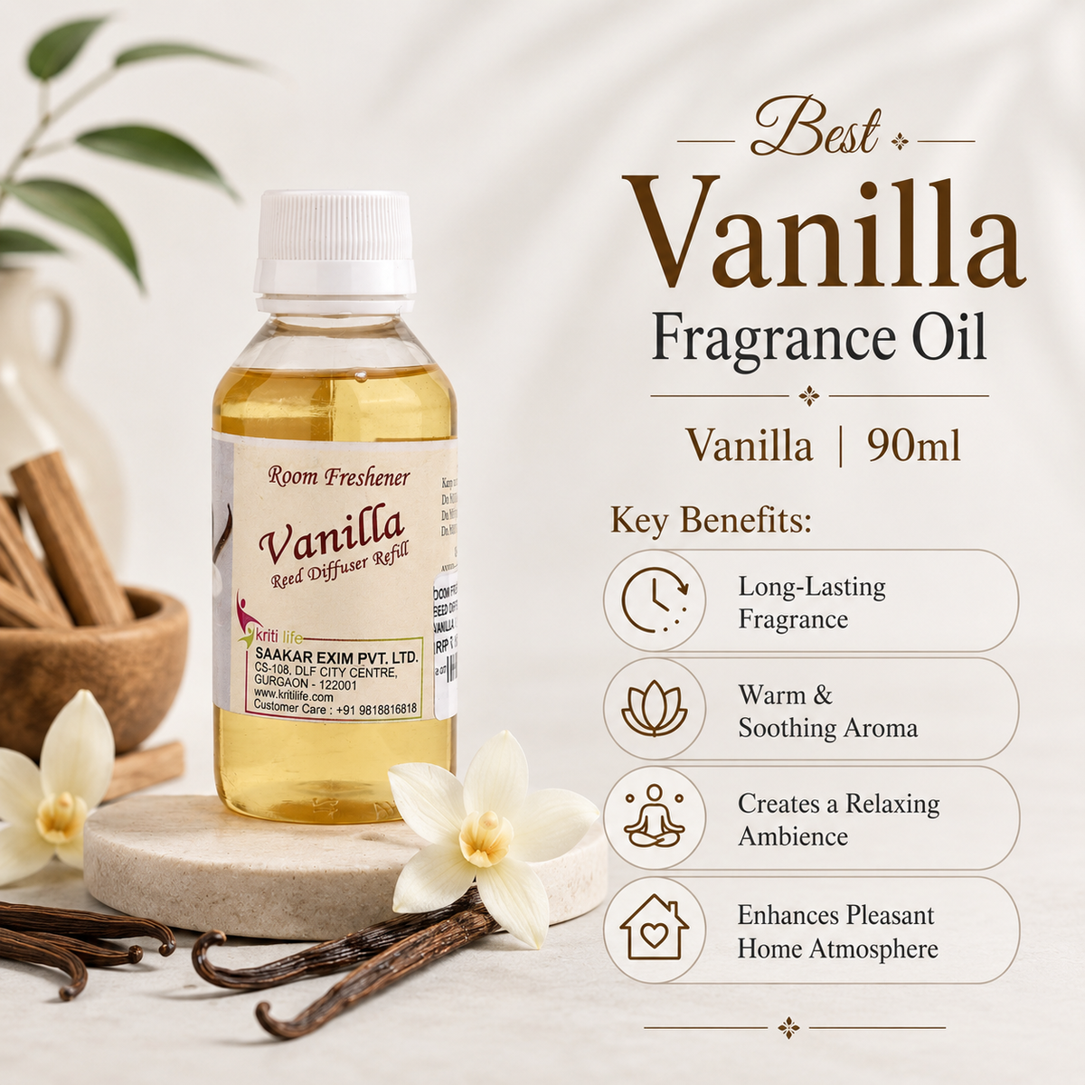 Vanilla 90ML Reed Diffuser oil Refill -  Long-Lasting Room Fragrance