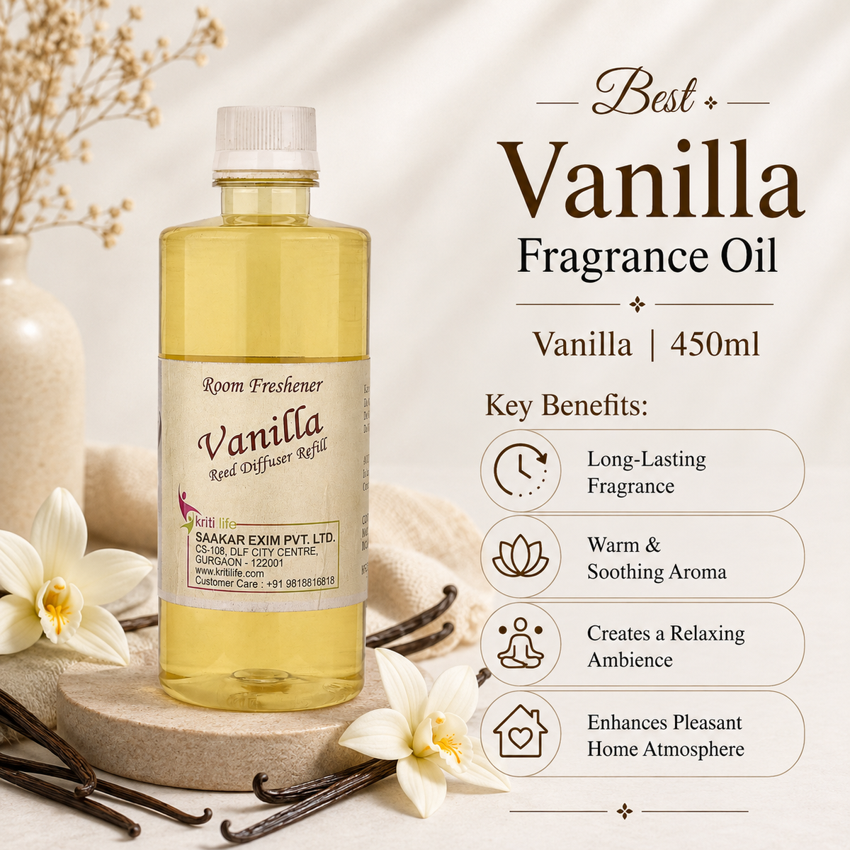 Vanilla 450ML Reed Diffuser oil Refill - Long-Lasting Room Fragrance