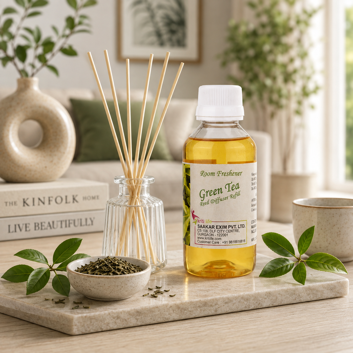 Green Tea 90ML Reed Diffuser oil Refill - Long-Lasting Room Fragrance