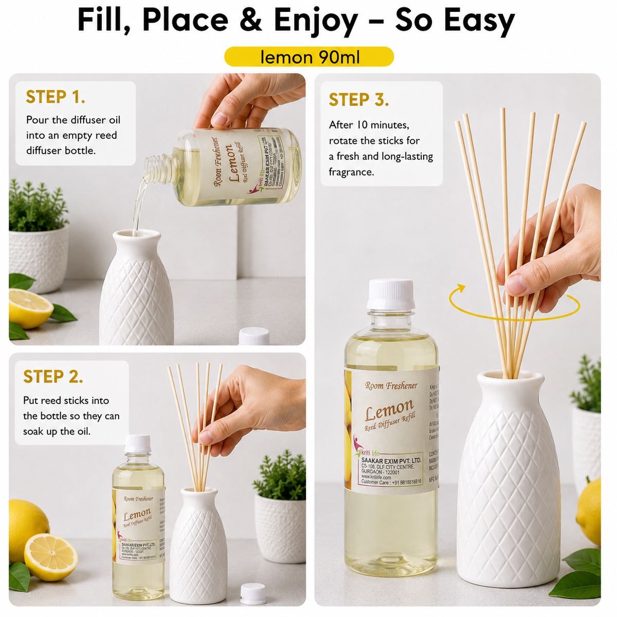 Lemon 90ML Reed Diffuser oil Refill - Long-Lasting Room Fragrance