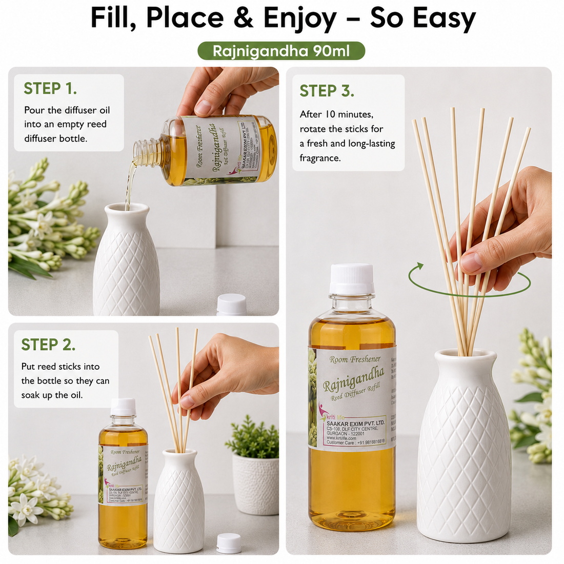 Rajni Gandha 90ML Reed Diffuser oil Refill -  Long-Lasting Room Fragrance