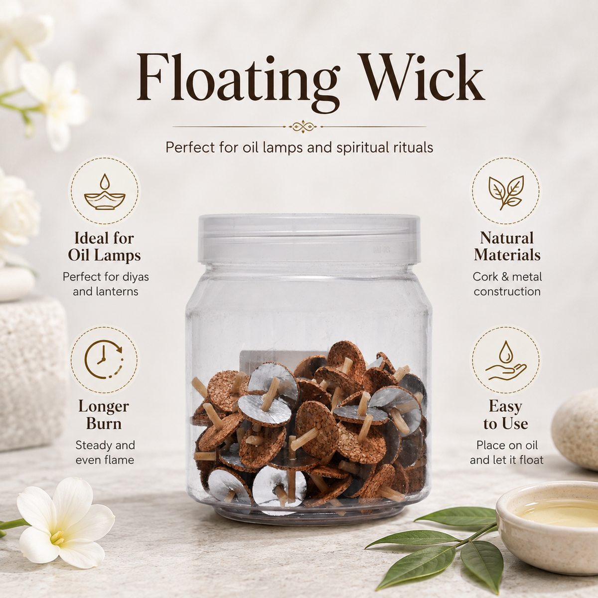 Floating Wicks for Diya & Pooja – 100 pcs | Clean, Steady & Easy to Use