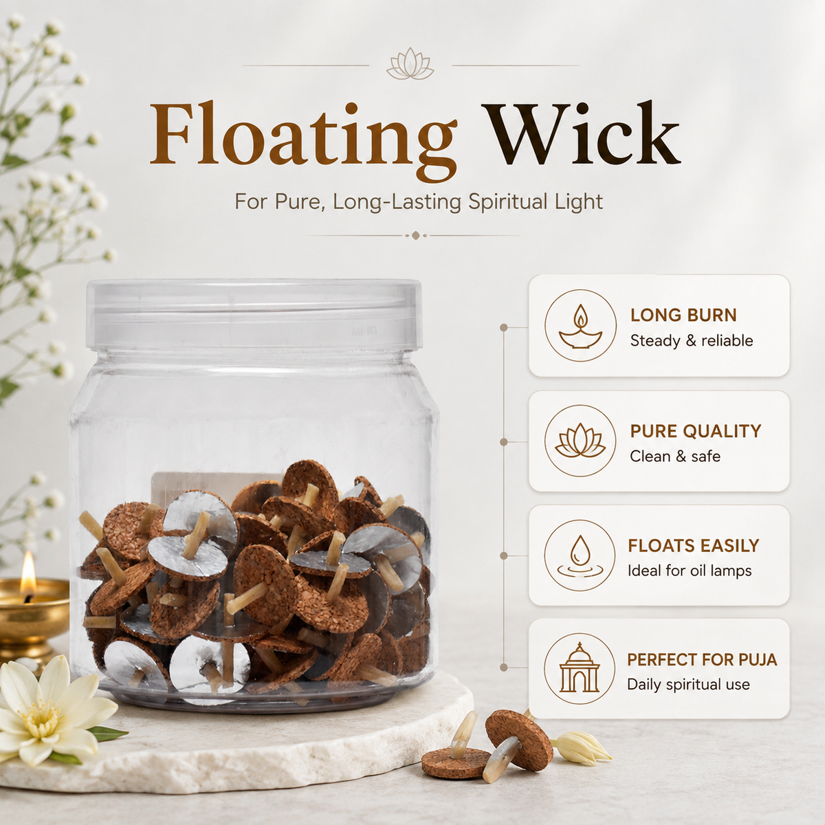 Floating Wicks for Diya & Pooja – 100 pcs | Clean, Steady & Easy to Use