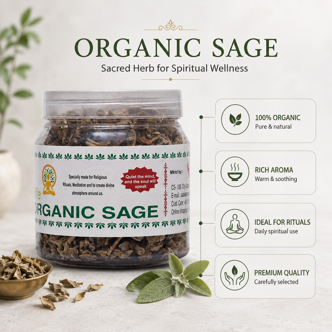 Organic Sage for Puja - 100% Natural &amp; Pure Herb for Cleansing